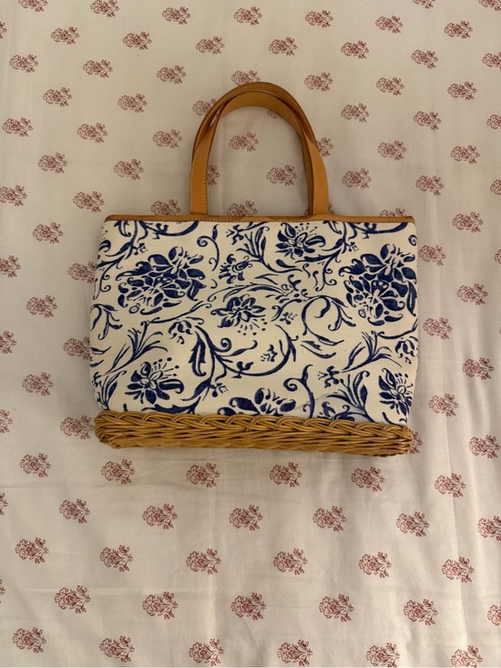Ralph Lauren Handbags - Ralph Lauren Blue Floral Wicker Bottom Canvas Tote Bag